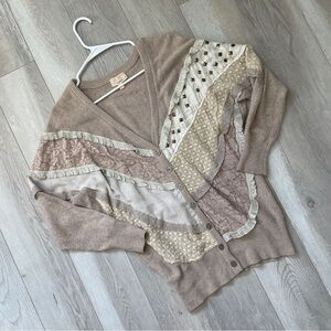 Bohemian Patchwork Cardigan mixed media lace studded woemns Beige (small) hippie